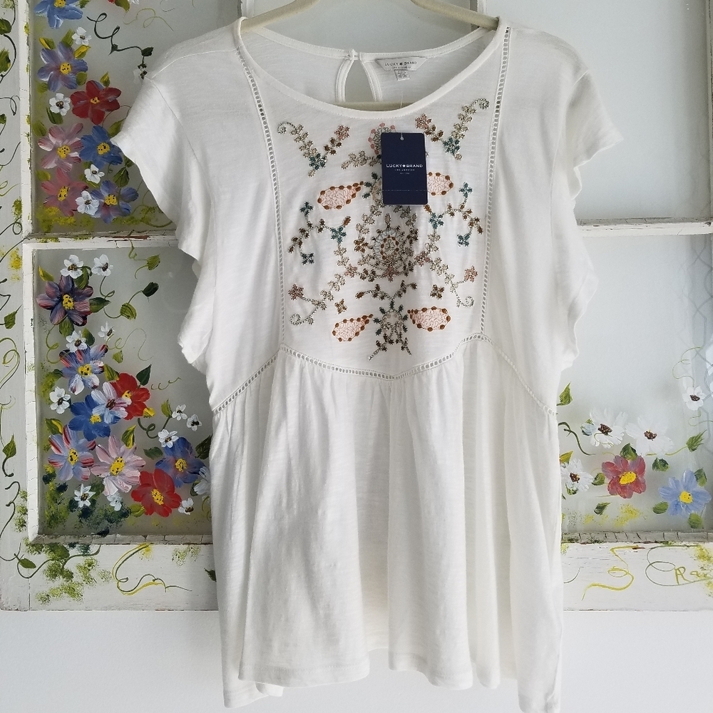 NWT Lucky Brand Embroidered Short Sleeve White Top Cotton Modal Size Large